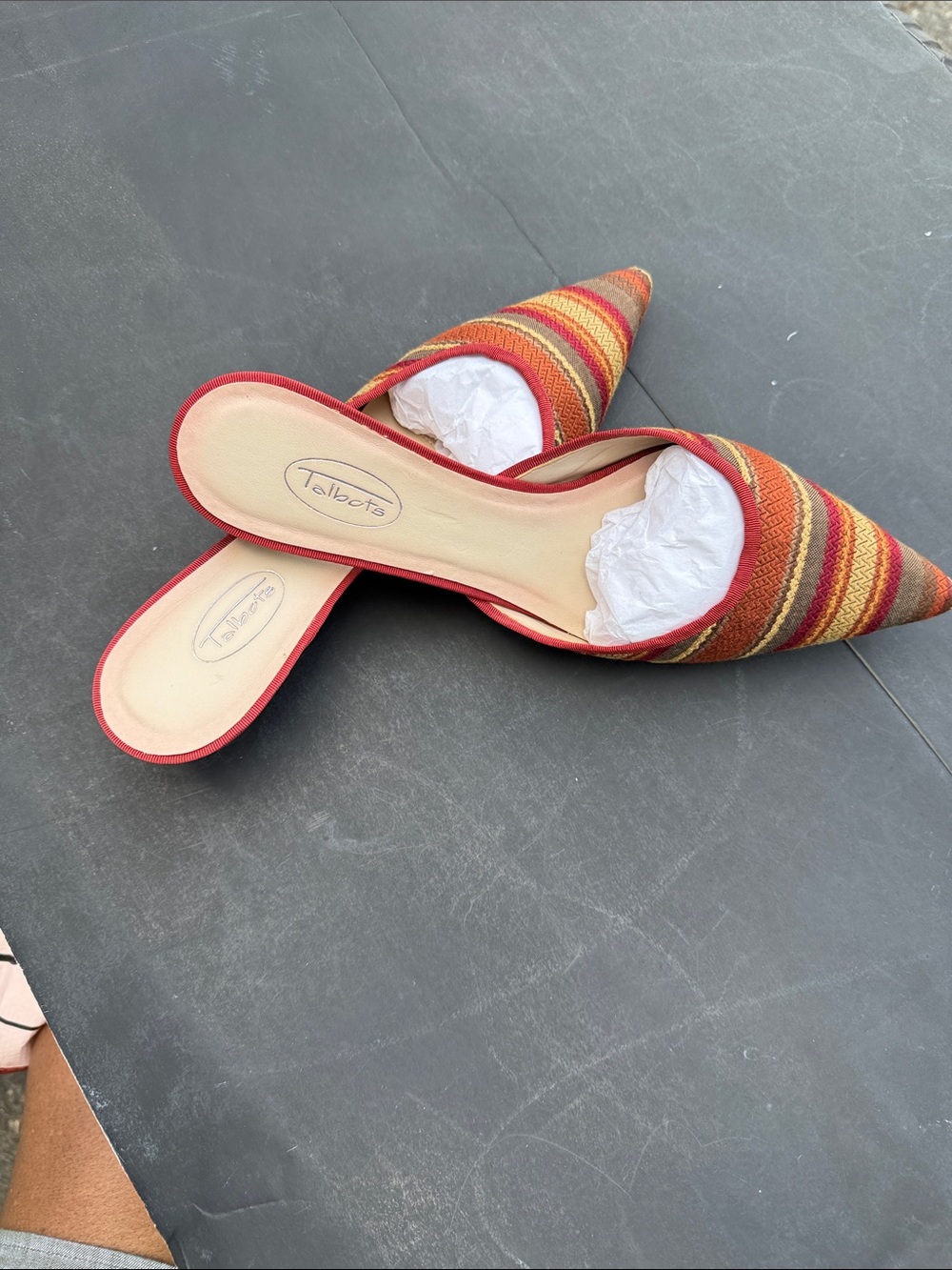 Talbots Striped Pointed Mule Slides in Red, Brown and Gold Tones - Picture 4 of 5